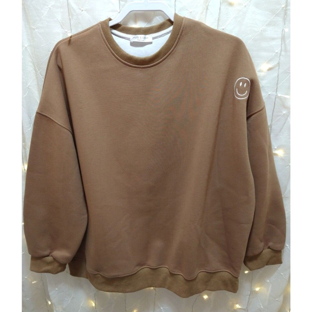 Hazel And Olive Womans 3X One Size Brown Oversized Sweater Smile Embroided Thick